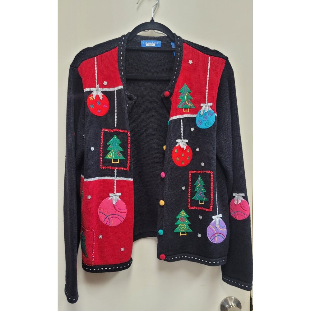 Karen Scott Christmas Cardigan‎ Sweater Trees And Ornaments Women's Size Medium - Picture 2 of 16